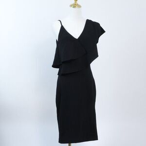Bebe Size 2 Black Asymmetrical Ruffle Cocktail Dress Sexy Bodycon Mini Dress LBD